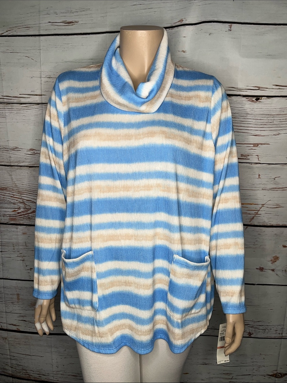 Ruby Rd. Woman NWT Size 2X Blue & Tan Stripe Cowl Neckline Sweater Top
